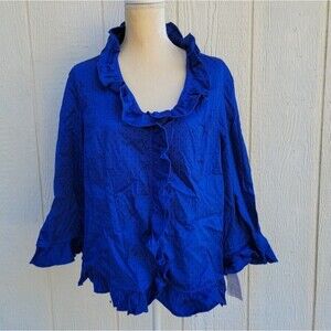 jones newyork signture blue and blk polka dot  ruffled button down blouse sz XL